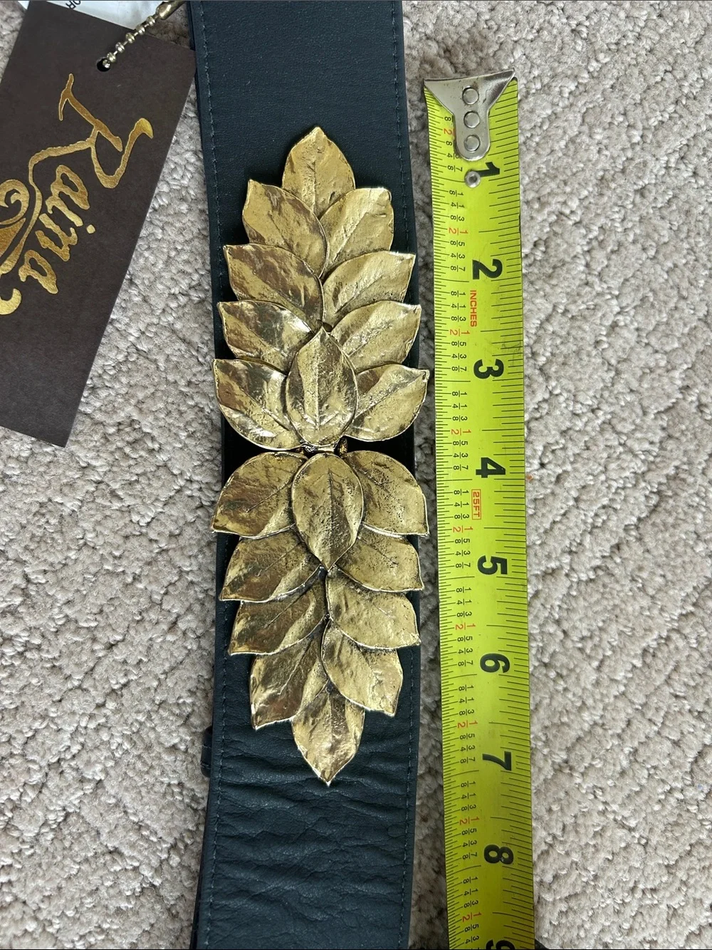 Black Elastic Waist Belt with Gold Leaf Detail